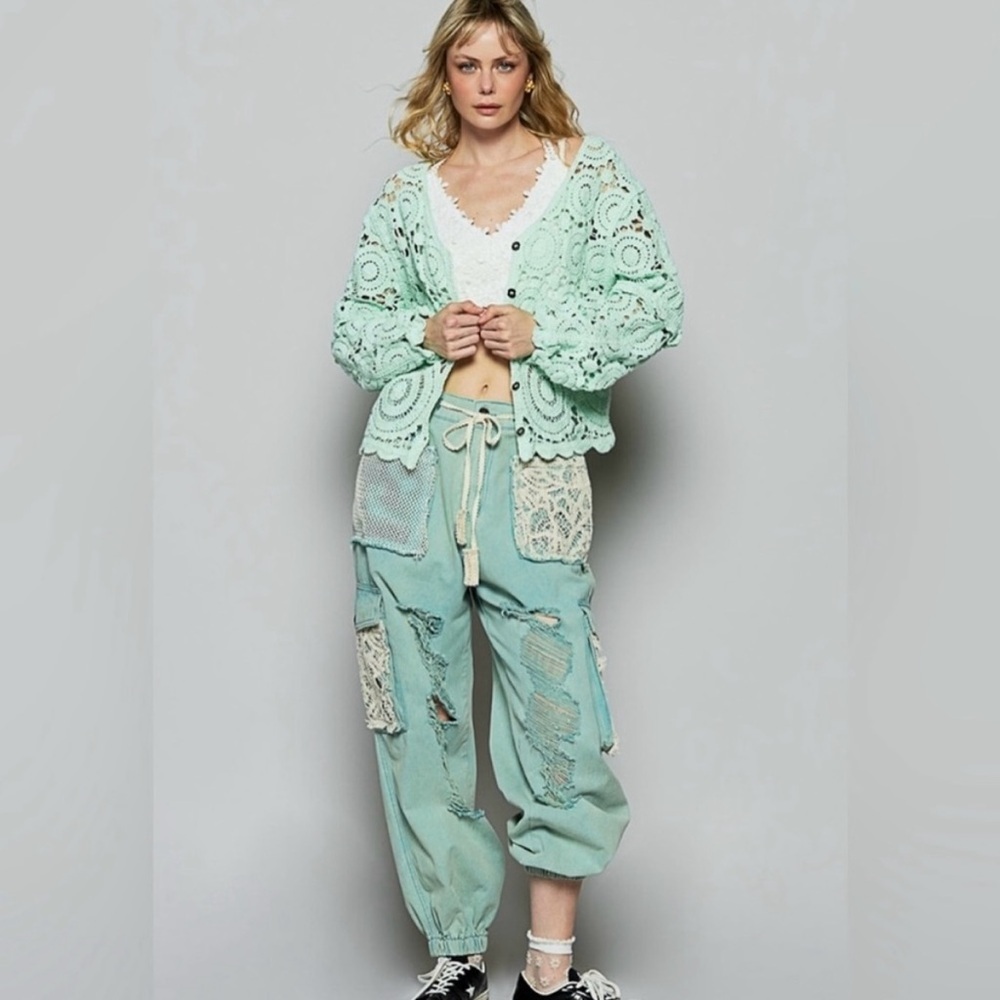 POL Mint Green Distressed Crochet Patch Jeans